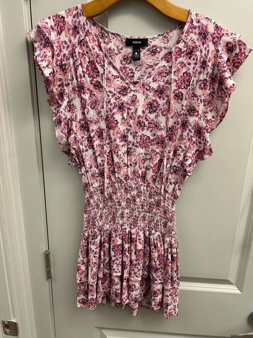 Aqua Floral Smocked Waist Dress Size XS Pink Flutter Sleeve Mini